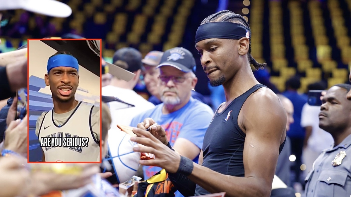 Oklahoma City Thunder guard Shai Gilgeous-Alexander signs autographs before the start of game one of the second round for the 2025 NBA Playoffs against the Denver Nuggets at Paycom Center.