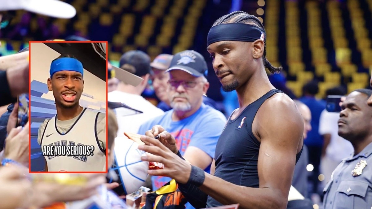 Oklahoma City Thunder guard Shai Gilgeous-Alexander signs autographs before the start of game one of the second round for the 2025 NBA Playoffs against the Denver Nuggets at Paycom Center.