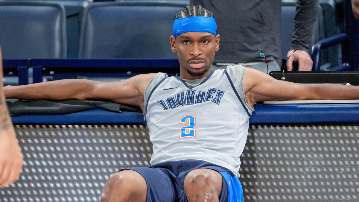 Oklahoma City guard Shai Gilgeous-Alexander (2) sits during an NBA Finals practice session ahead of Game 2 at Paycom Center Oklahoma City, on Saturday, June 7, 2025.
