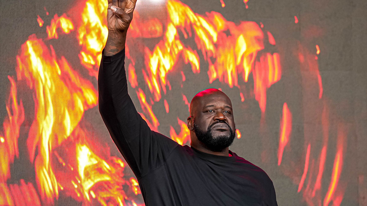 Shaquille O'Neal, aka Shaq, who revealed his favorite Taylor Swift song to Travis Kelce on the New Heights podcast, at College Football Playoffs.