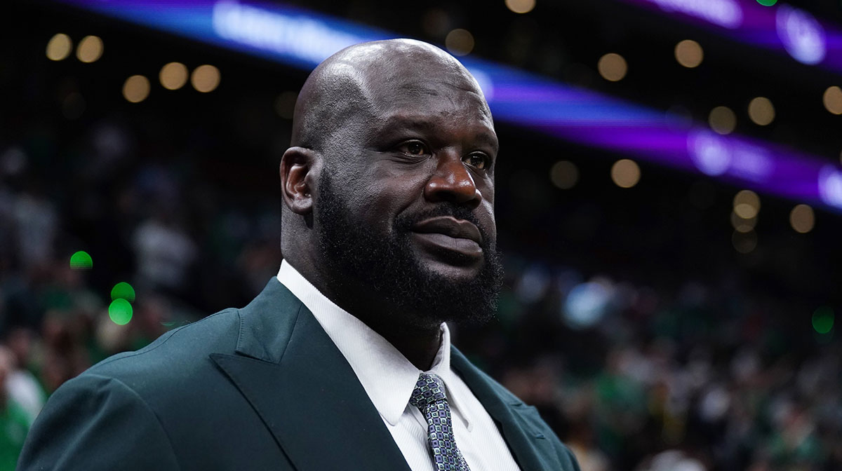 Shaquille O'Neal looks on before the game between the Boston Celtics and the Dallas Mavericks in game one of the 2024 NBA Finals at TD Garden.