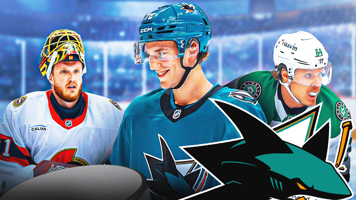 William Eklund in the center, Anton Forsberg and Mikael Granlund on the sides. Sharks logo in the background