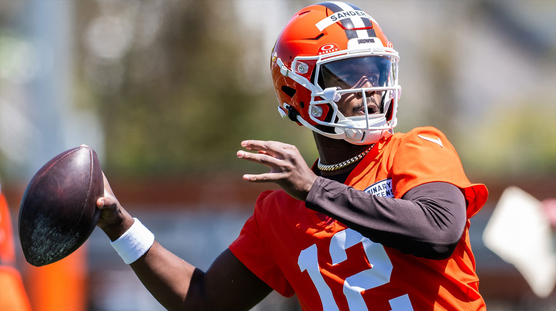 May 9, 2025; Berea, OH, USA; Cleveland Browns quarterback Shedeur Sanders (12) throws a pass during rookie minicamp at CrossCountry Mortgage Campus.