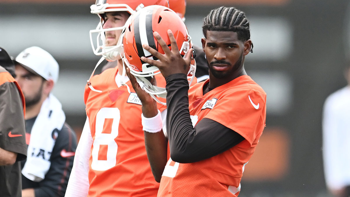 Cleveland Browns quarterback Shedeur Sanders (12) listens to a play call during mini camp at CrossCountry Mortgage Campus.