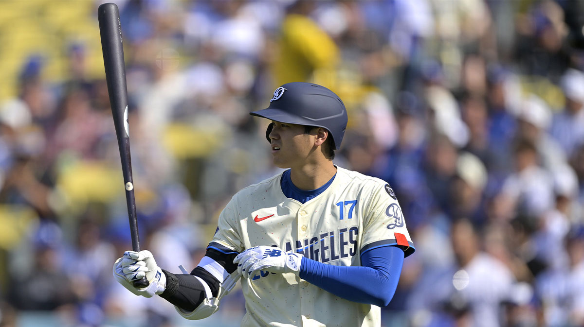 May 31, 2025; Los Angeles, California, USA; Los Angeles Dodgers two-way player Shohei Ohtani (17) looks on in the first inning against the New York Yankees at Dodger Stadium.