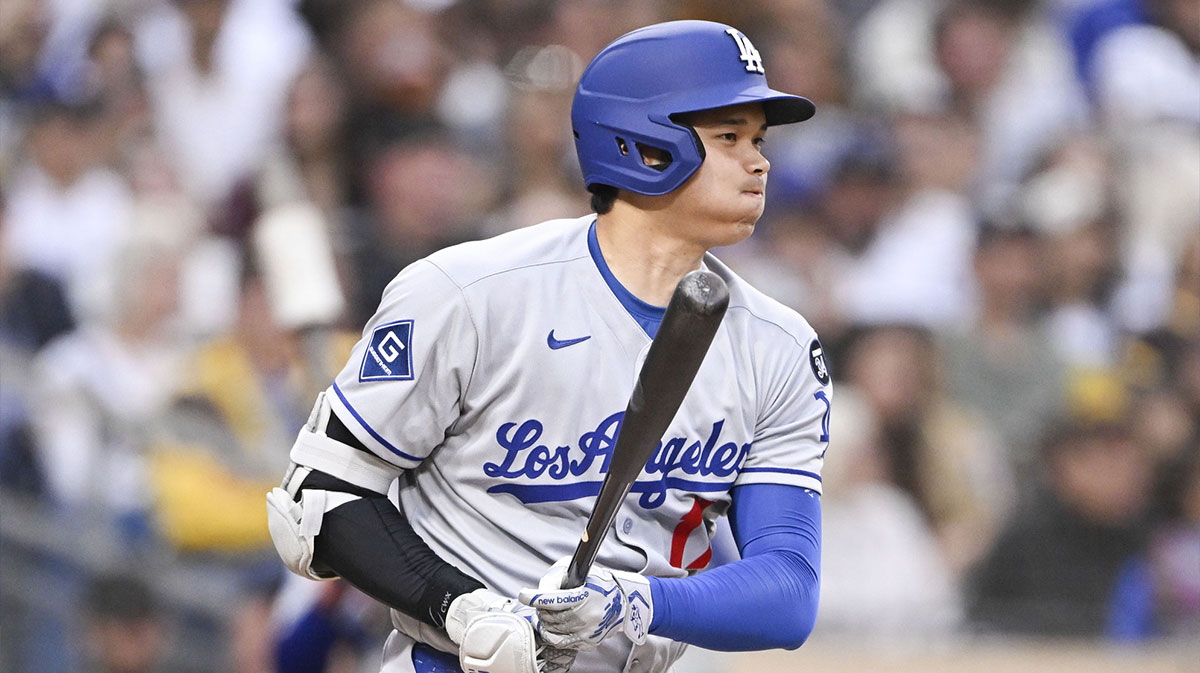 Los Angeles Dodgers designated hitter Shohei Ohtani (17) hits into a fielder’s choice during the third inning against the San Diego Padres at Petco Park.