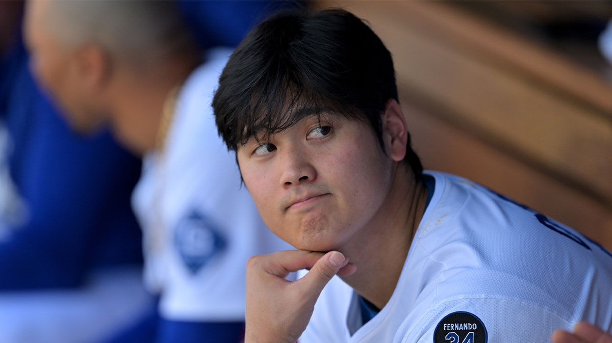 May 18, 2025; Los Angeles, California, USA; Los Angeles Dodgers designated hitter Shohei Ohtani (17) looks on from the dugout against the Los Angeles Angels at Dodger Stadium. Mandatory Credit: Jayne Kamin-Oncea-Imagn Images