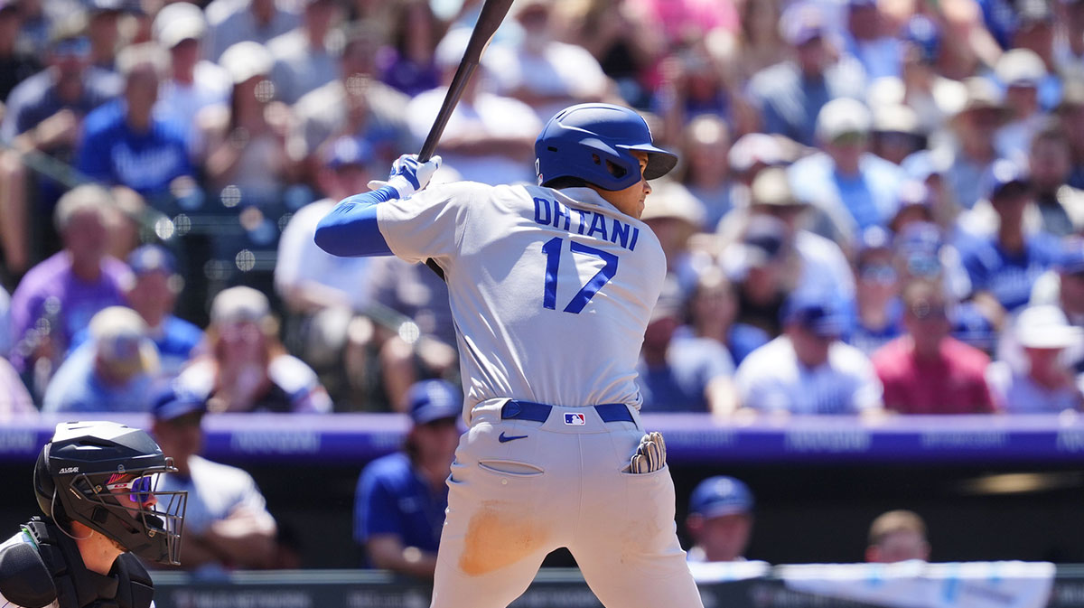 Jun 26, 2025; Denver, Colorado, USA; Los Angeles Dodgers designated hitter Shohei Ohtani (17) at the plate in the seventh inning against the Colorado Rockies at Coors Field.