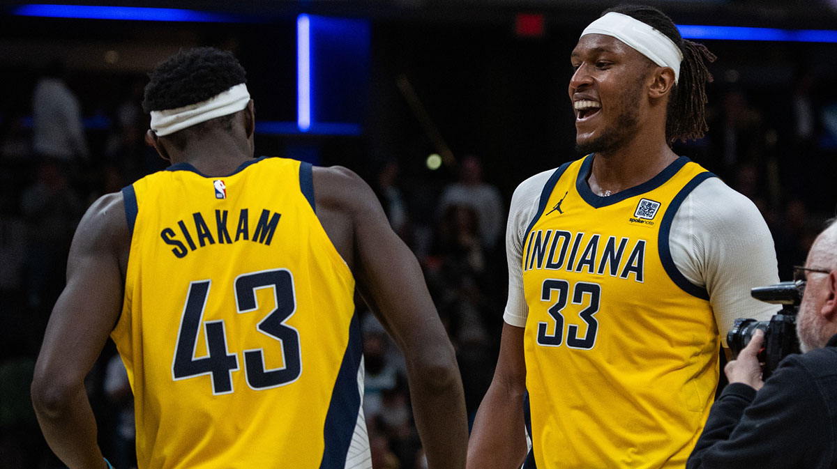 Indiana Pacers center Myles Turner (33) and forward Pascal Siakam (43) celebrate after the win against the Brooklyn Nets at Gainbridge Fieldhouse.