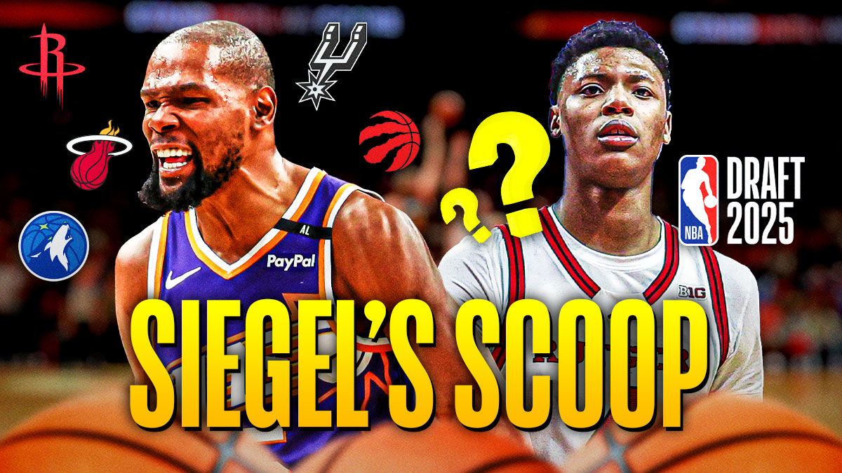 Siegel's Scoop with Kevin Durant surrounded by Heat, Rockets, Spurs, Raptors and Timberwolves logos -- Ace Bailey with NBA Draft logo and question marks