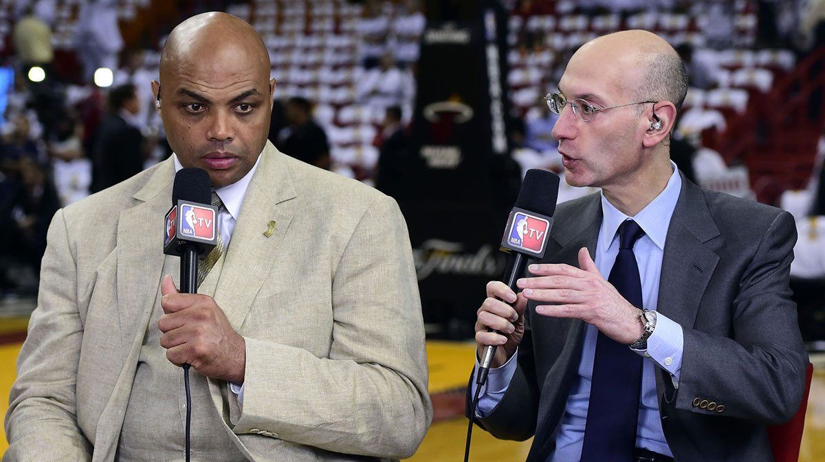 NBA commissioner Adam Silver (right) and former player Charles Barkley (right) prior to game four of the 2014 NBA Finals between the Miami Heat and the San Antonio Spurs at American Airlines Arena.