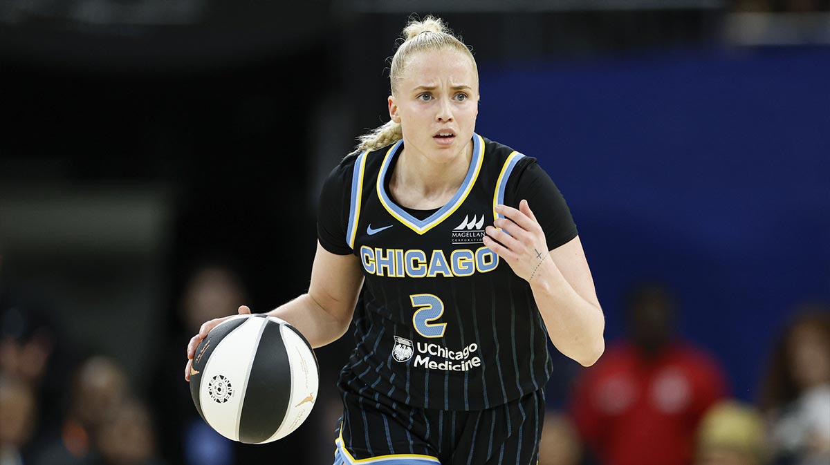 Chicago Sky guard Hailey Van Lith brings the ball up court against the Washington Mystics during the first half of a WNBA game at Wintrust Arena.