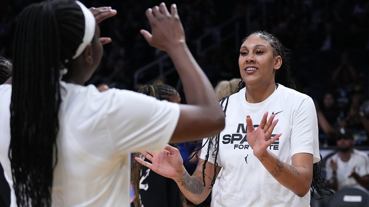 Chicago Sky center Kamilla Cardoso is introduced before the game against the LA Sparks at Crypto.com Arena.