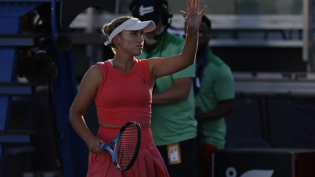 Mar 18, 2025; Miami, FL, USA; Sofia Kenin (USA) waves to the crowd after her match against Petra Kvitova (CZE)(not pictured) on day one of the Miami Open at Hard Rock Stadium. Mandatory Credit: Geoff Burke-Imagn Images