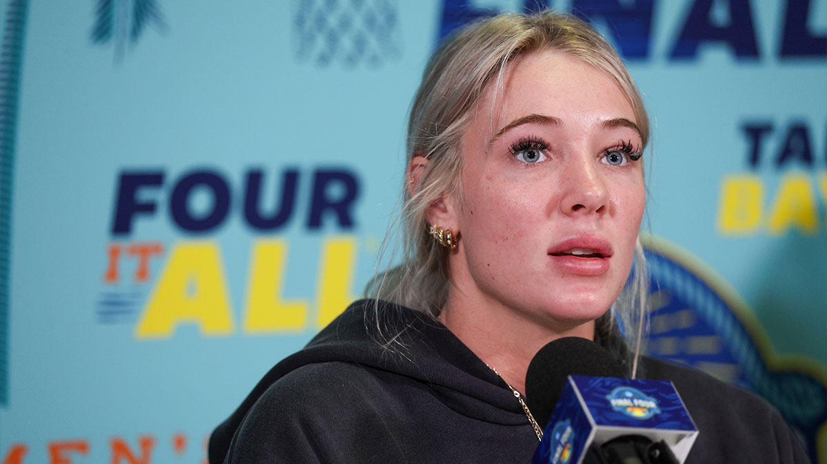 South Carolina Gamecocks forward Chloe Kitts talks to media before practice at Amalie Arena.