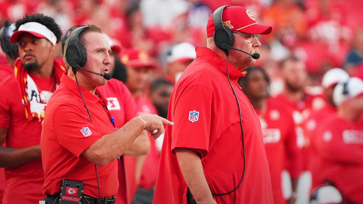 Kansas City Chiefs defensive coordinator Steve Spagnuolo, left and head coach Andy Reid watch play against the Chicago Bears during the game at GEHA Field at Arrowhead Stadium.