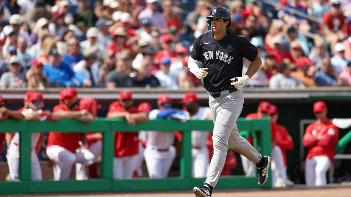 New York Yankees outfielder Spencer Jones (78) runs the bases after hitting a three-run home run against the Philadelphia Phillies in the third inning during spring training at BayCare Ballpark.