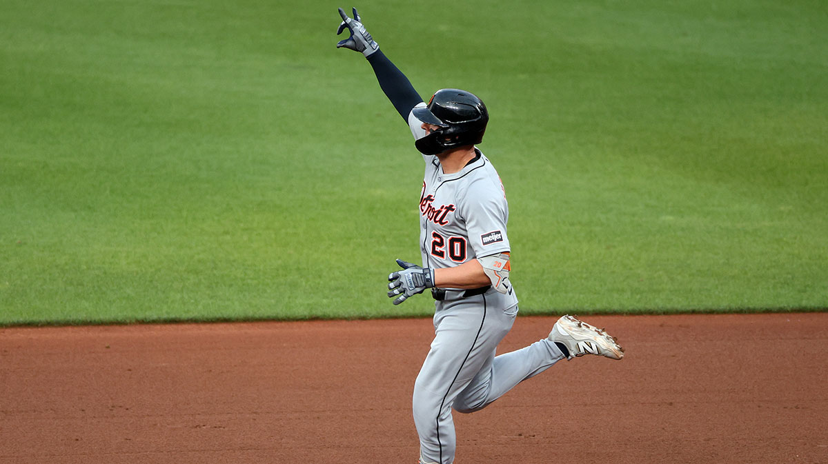 Detroit Tigers first baseman Spencer Torkelson (20) celebrates after hitting a home run during the fifth inning against the Baltimore Orioles at Oriole Park at Camden Yards.