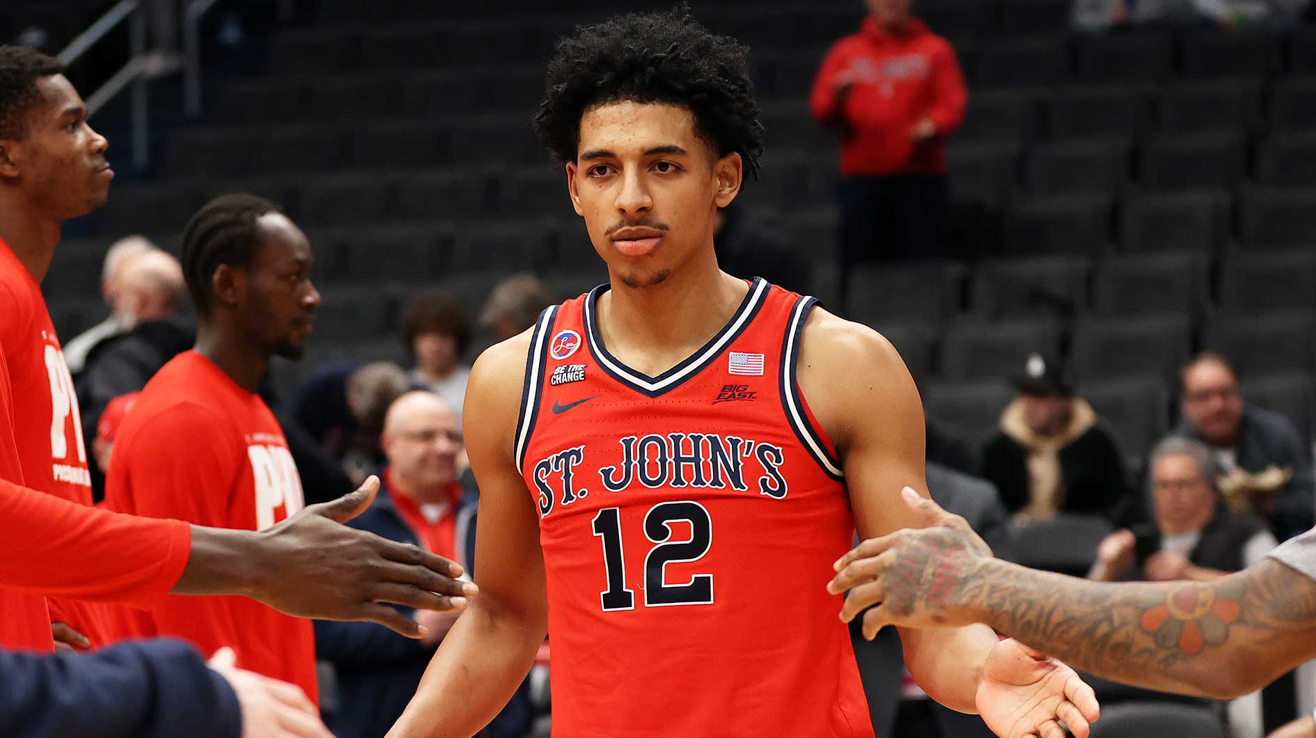 Jan 28, 2025; Washington, District of Columbia, USA; St. John's Red Storm guard RJ Luis Jr. (12) is introduced before a game against the Georgetown Hoyas at Capital One Arena. Mandatory Credit: Daniel Kucin Jr.-Imagn Images