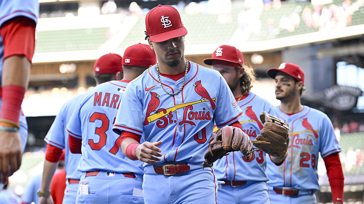 St. Louis Cardinals shortstop Masyn Winn (0) celebrates with his teammates after the Cardinals defeat the Texas Rangers at Globe Life Field.