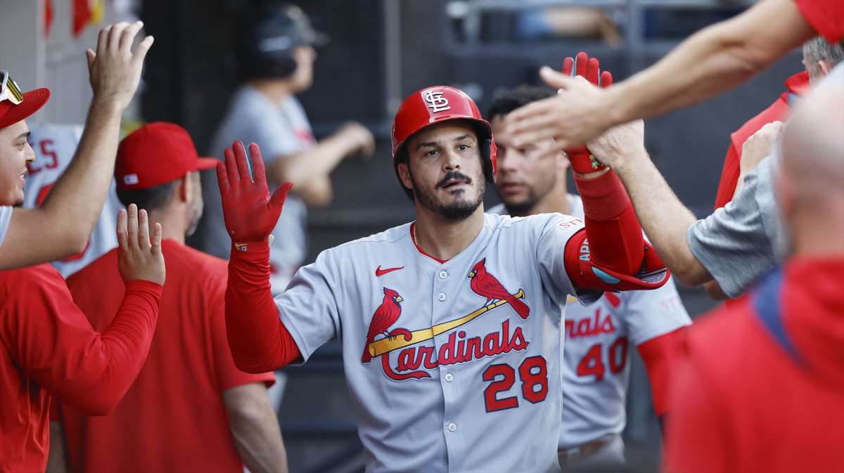 St. Louis Cardinals third baseman Nolan Arenado (28) celebrates with teammates in the dugout after hitting a solo home run against the Chicago White Sox during the third inning of game two of a doubleheader at Rate Field. Griffey Jr.