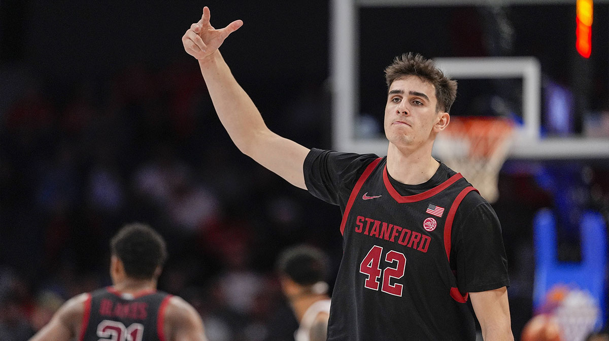 Stanford Cardinal forward Maxime Raynaud (42) after a dunk against the Louisville Cardinals during the second half at Spectrum Center.