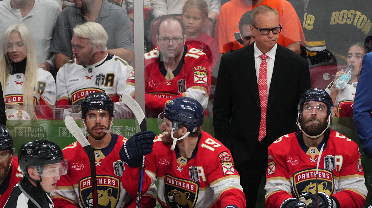 Florida Panthers head coach Paul Maurice looks on during the first period against the Edmonton Oilers in game three of the 2025 Stanley Cup Final at Amerant Bank Arena.