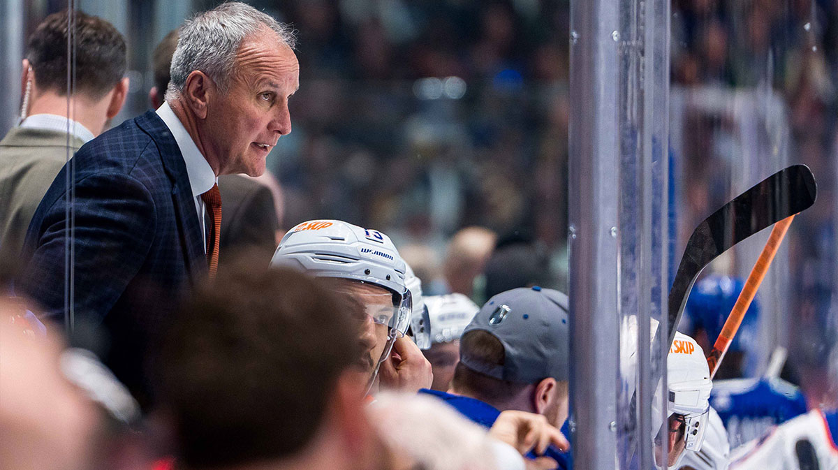 Edmonton Oilers assistant coach Paul Coffey on the bench against the Edmonton Oilers during the third period in game two of the second round of the 2024 Stanley Cup Playoffs at Rogers Arena.