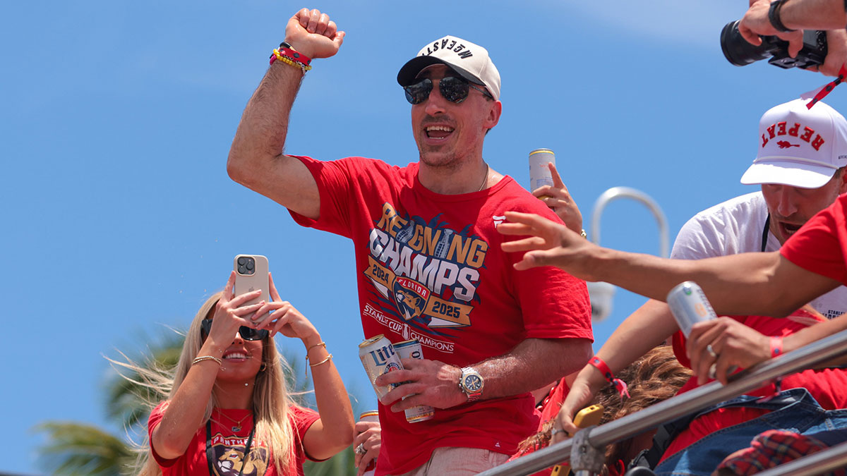Florida Panthers center Brad Marchand (63) celebrates during the Stanley Cup championship parade and rally.