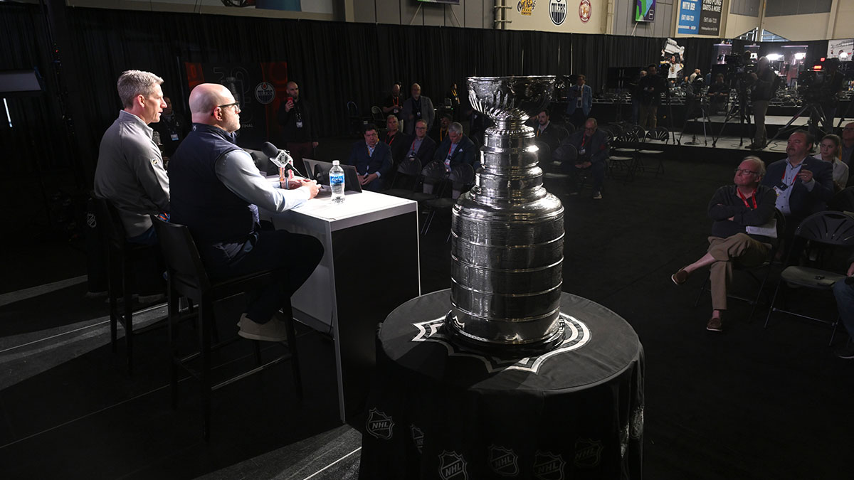 Edmonton Oilers general manager Stan Bowman along with Oilers head coach Kris Knoblauch are seen during media day in advance of the 2025 Stanley Cup Final at Rogers Place.