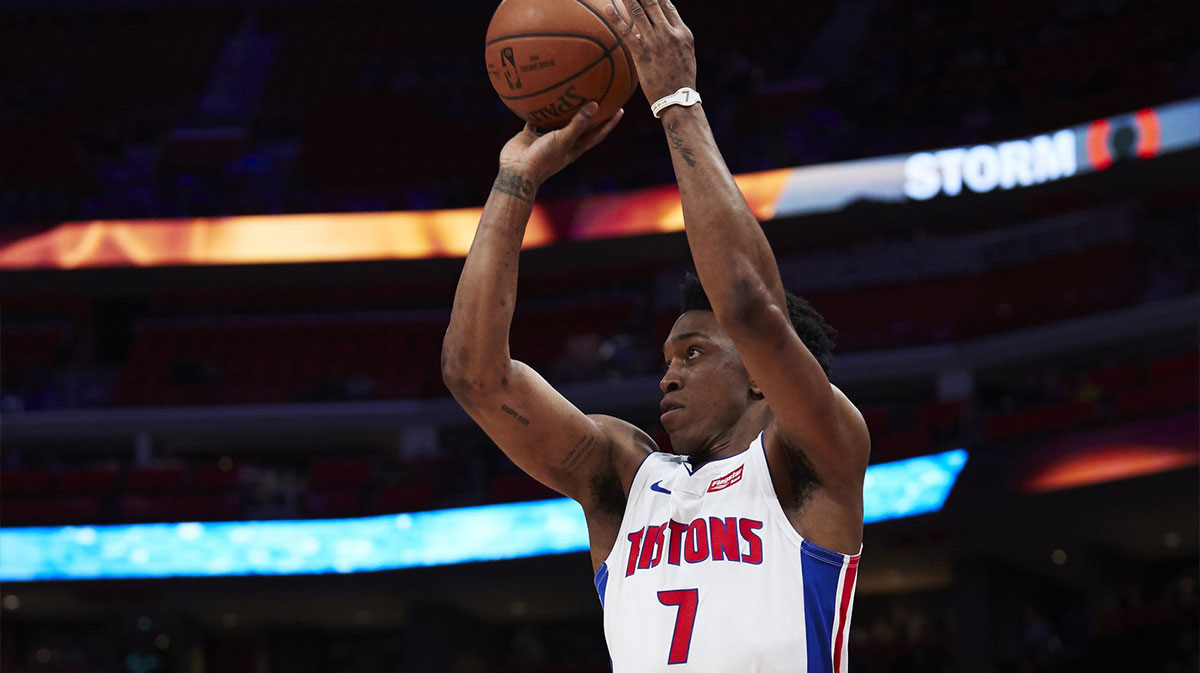 Detroit Pistons forward Stanley Johnson (7) shoots in the second half against the Denver Nuggets at Little Caesars Arena.