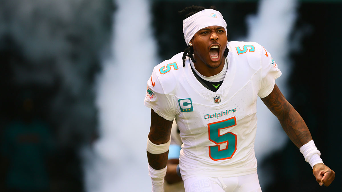 Miami Dolphins cornerback Jalen Ramsey (5) runs onto the field before the game against the Jacksonville Jaguars at Hard Rock Stadium.