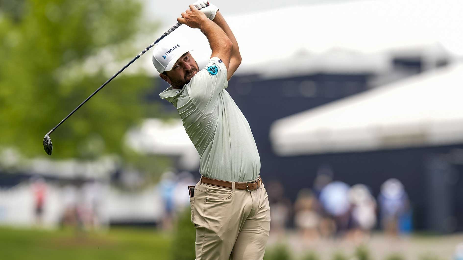 Stephan Jaeger hits his second shot on the tenth hole during the second round of the PGA Championship golf tournament at Quail Hollow.