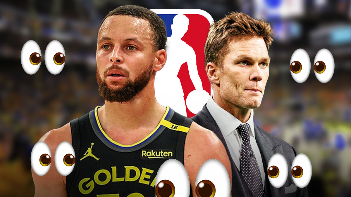 Stephen Curry, Tom Brady, NBA logo in background, eyes symbols