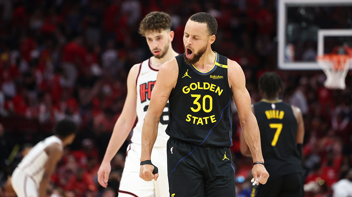 Golden State Warriors guard Stephen Curry (30) reacts after a play during game seven of the first round for the 2025 NBA Playoffs against the Houston Rockets at Toyota Center.