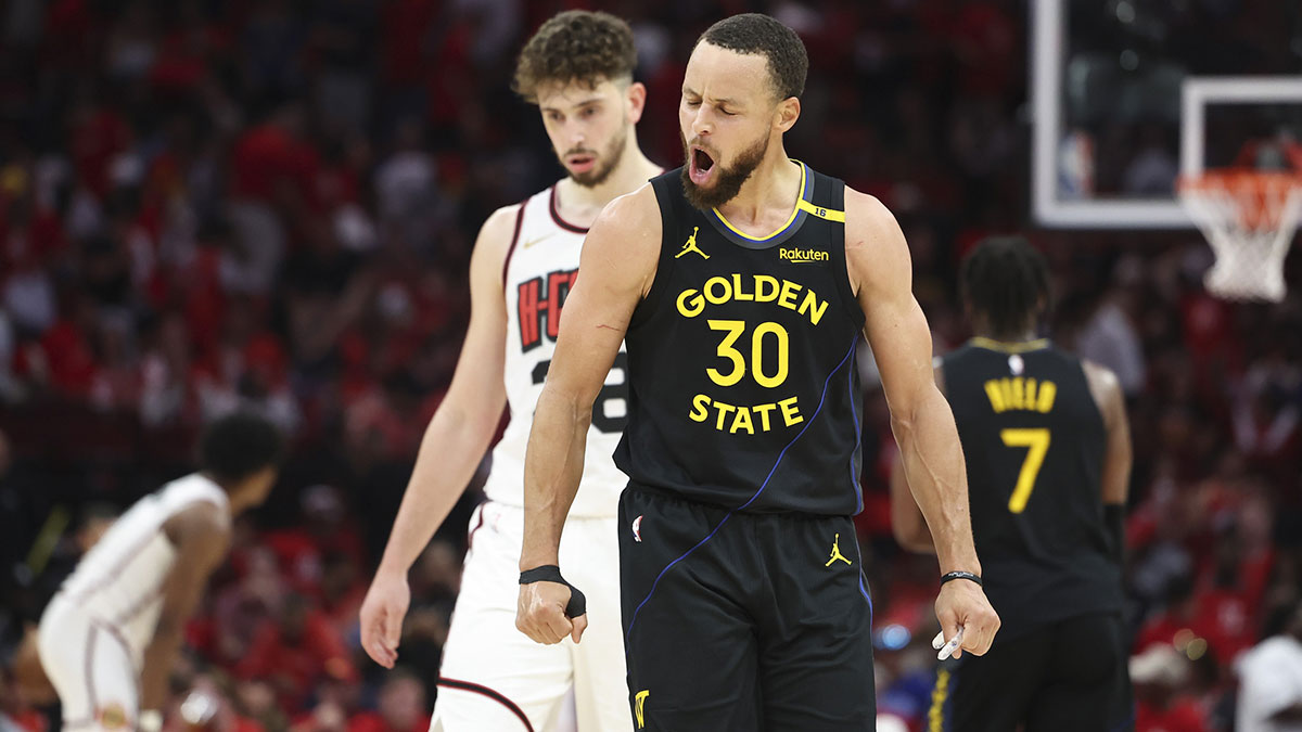 Golden State Warriors guard Stephen Curry (30) reacts after a play during game seven of the first round for the 2025 NBA Playoffs against the Houston Rockets at Toyota Center.