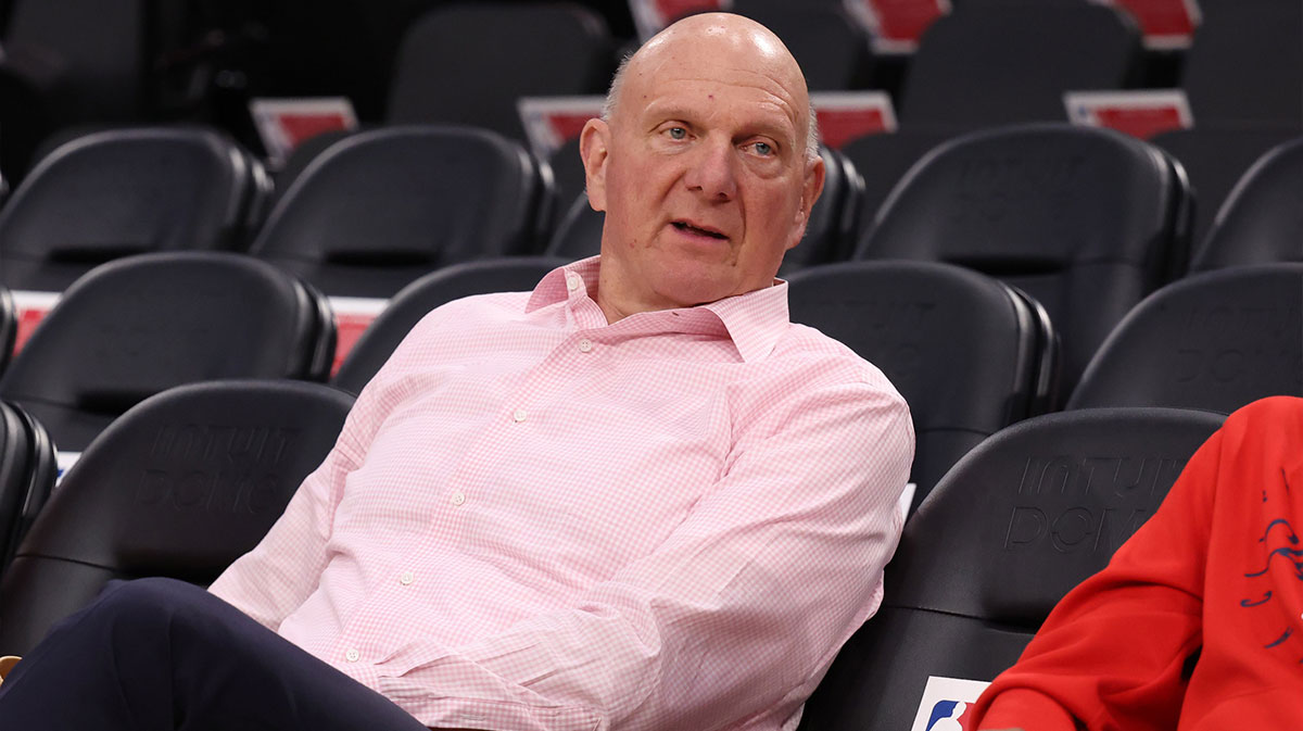 Los Angeles Clippers owner Steve Ballmer sits courtside before the game against the Dallas Mavericks at Intuit Dome.