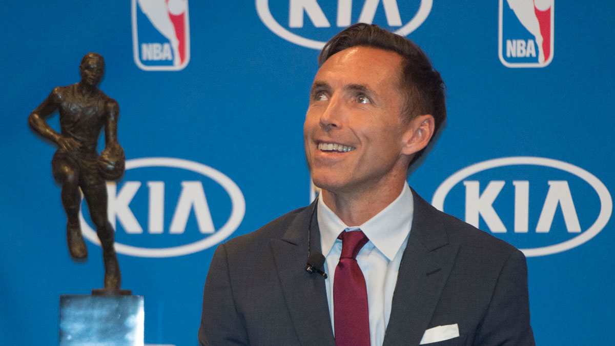 NBA former player Steve Nash watches a video tribute to Golden State Warriors guard Stephen Curry (not pictured) for winning the 2015-2016 NBA Most Valuable Player trophy at Oracle Arena.