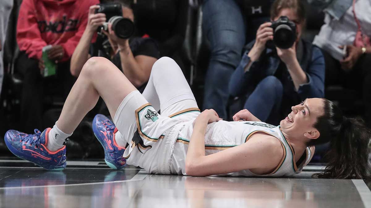 Jun 10, 2025; Brooklyn, New York, USA; New York Liberty forward Breanna Stewart (30) reacts after getting fouled after a made basket in the first quarter against the Chicago Sky at Barclays Center.