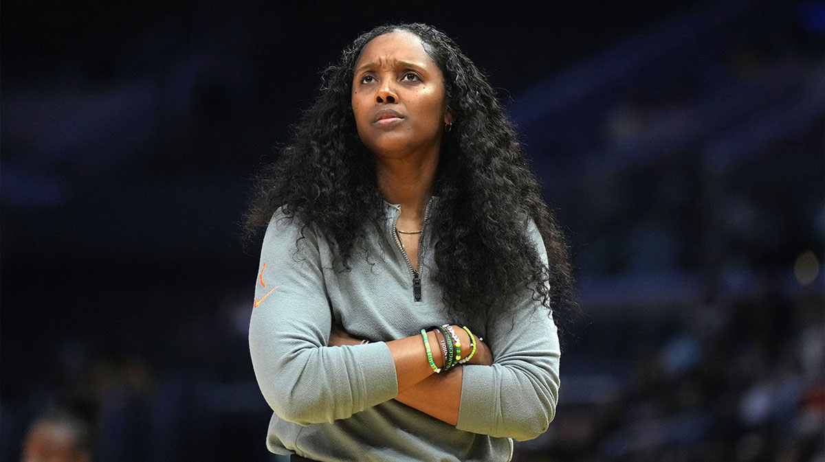 Seattle Storm coach Noelle Quinn reacts against the LA Sparks in the first half at Crypto.com Arena.