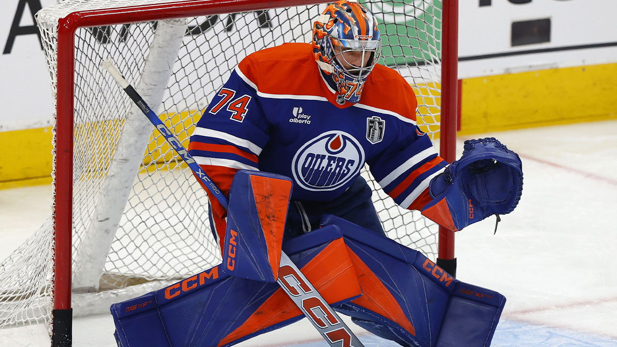 Edmonton Oilers goaltender Stuart Skinner (74) practices before game one of the 2025 Stanley Cup Final against the Florida Panthers at Rogers Place.