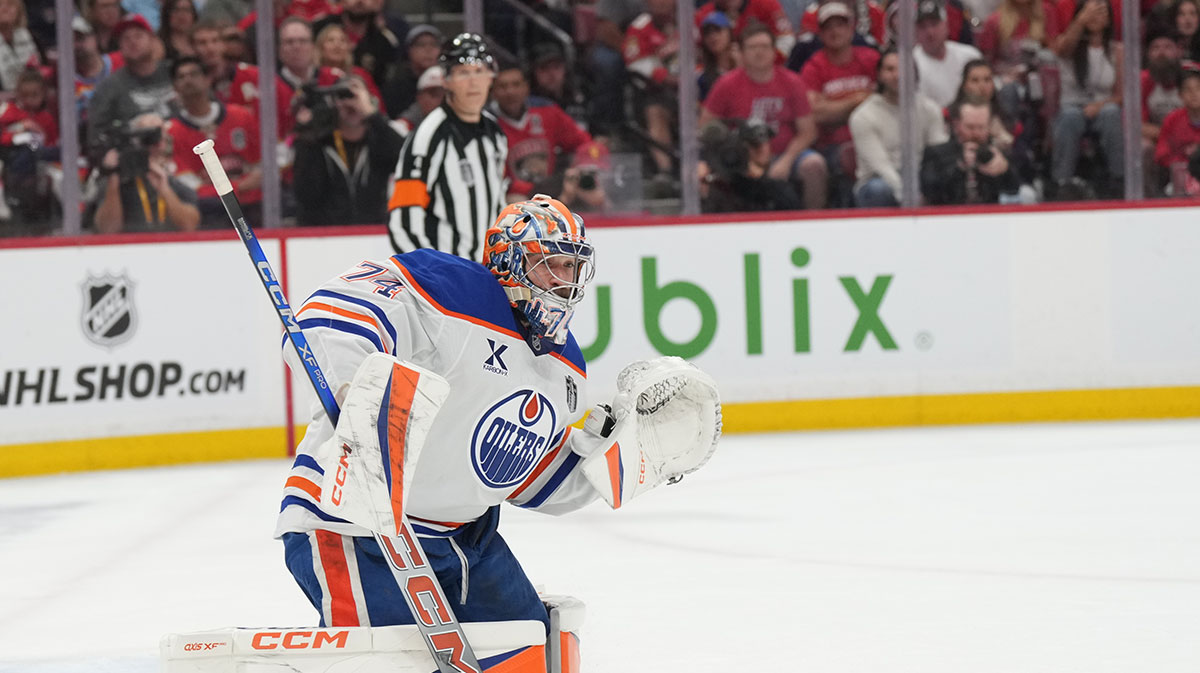 Edmonton Oilers goaltender Stuart Skinner (74) defend against a shot on net during the second period against the Florida Panthers in game three of the 2025 Stanley Cup Final at Amerant Bank Arena.