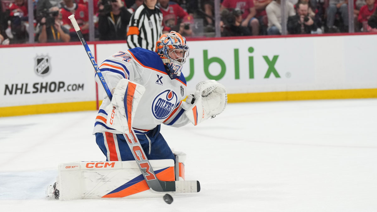 Edmonton Oilers goaltender Stuart Skinner (74) defend against a shot on net during the second period against the Florida Panthers in game three of the 2025 Stanley Cup Final at Amerant Bank Arena.