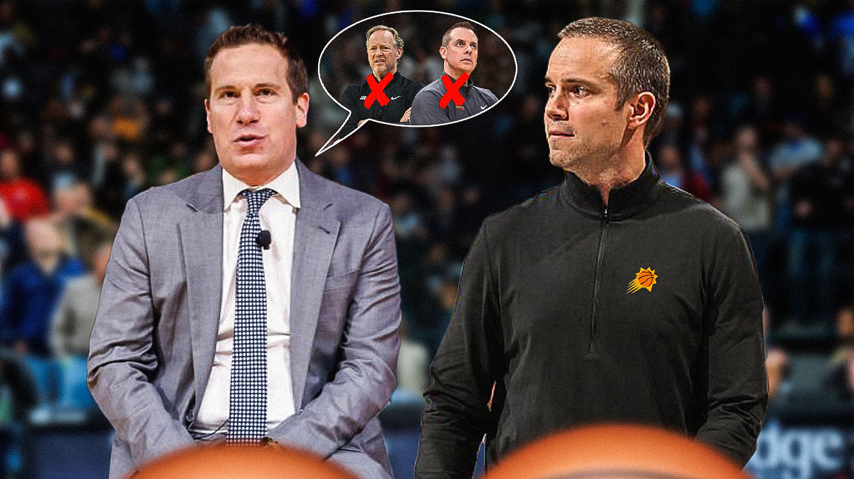Jordan Ott in Phoenix Suns gear, along with Suns owner Mat Ishbia next to him. There's a thought bubble over Ishbia's head that has former Suns coaches Mike Budenholzer and Frank Vogel inside, with red X's marked across both Budenholzer and Vogel.