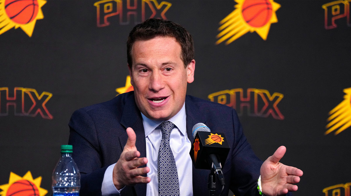 Suns owner Mat Ishbia speaks with the press during a news conference at Footprint Center in Phoenix on May 1, 2024.