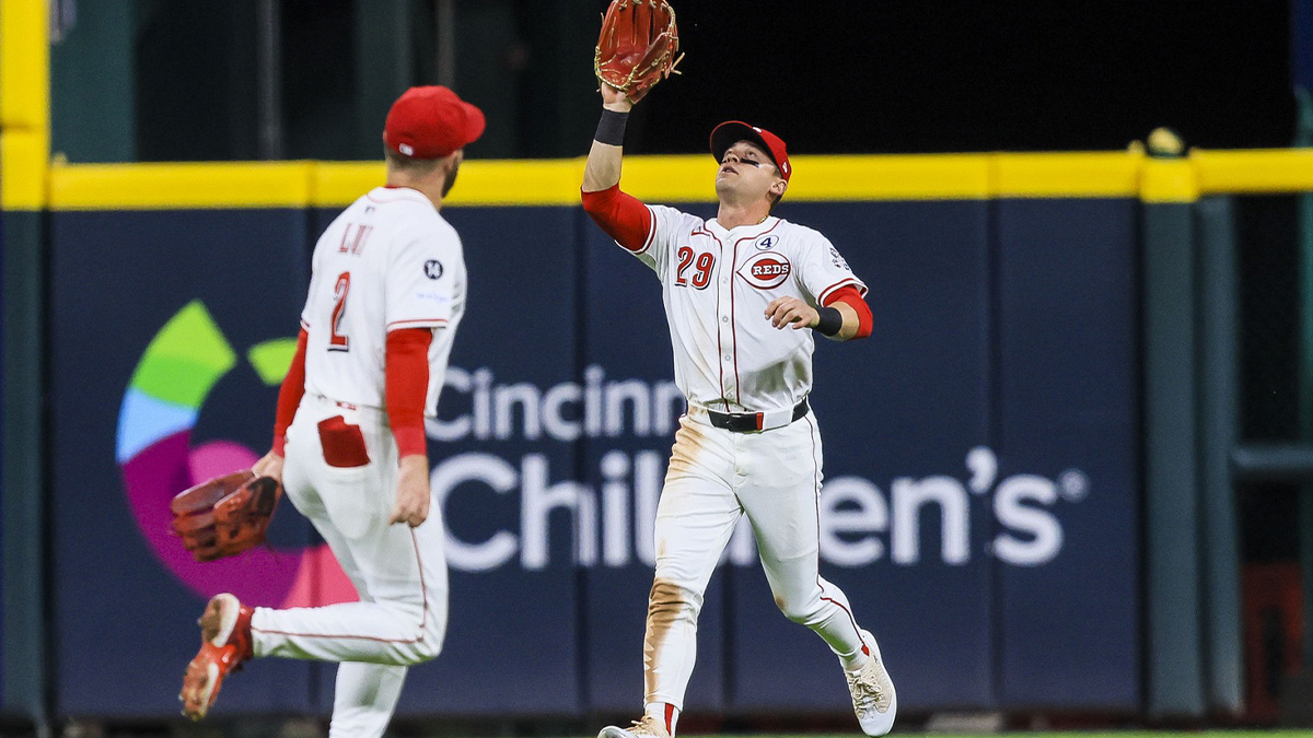Cincinnati Reds outfielder TJ Friedl (29) catches a fly out hit by Milwaukee Brewers first baseman Rhys Hoskins (not pictured) in the ninth inning at Great American Ball Park.