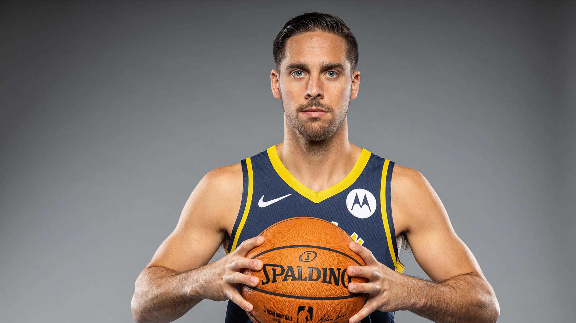 Sep 27, 2019; Indianapolis, IN, USA; Indiana Pacers guard TJ McConnell (9) poses for a photo during media day at Bankers Life Fieldhouse. Mandatory Credit: Trevor Ruszkowski-Imagn Images