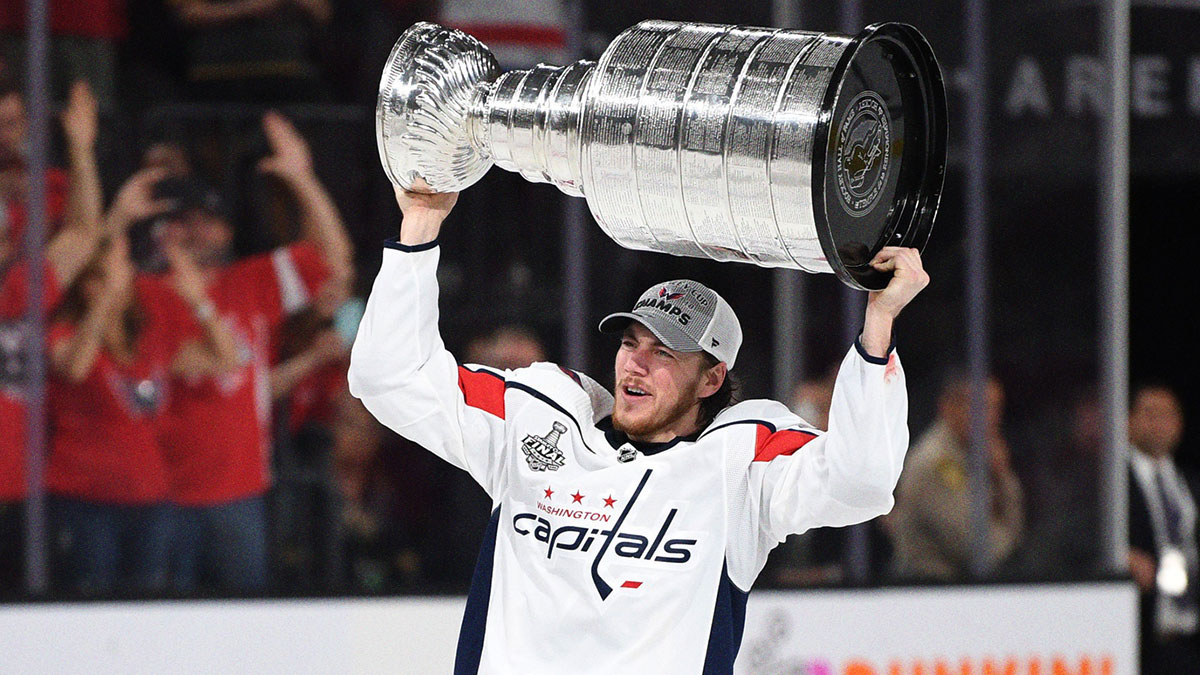 Washington Capitals right wing T.J. Oshie hoists the Stanley Cup after defeating the Vegas Golden Knights in game five of the 2018 Stanley Cup Final at T-Mobile Arena.