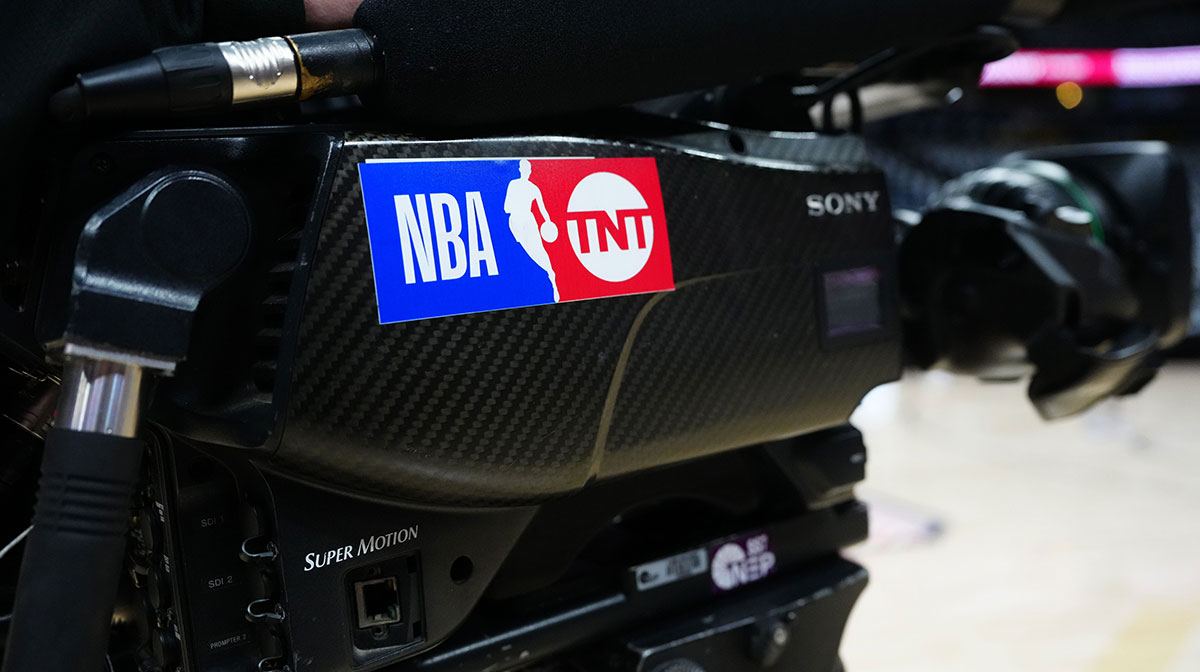 General view of a TNT broadcast camera before game between LA Clippers against the Denver Nuggets during five of first round for the 2025 NBA Playoffs at Ball Arena.