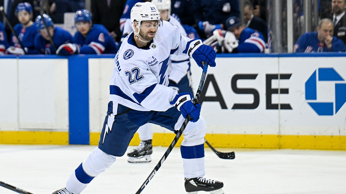 Tampa Bay Lightning right wing Oliver Bjorkstrand (22) attempts a shot against the New York Rangers during the third period at Madison Square Garden.